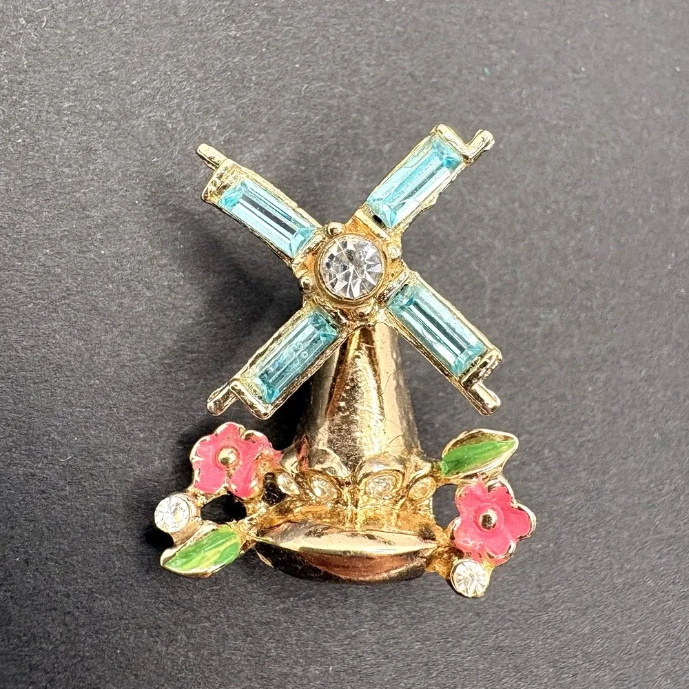 Vintage Windmill Articulated Spinning Brooch Rhinestone Enamel Gold Tone Dainty